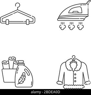 Wäscherei, Kleiderpflege Pixel perfekte lineare Icons Set. Chemische Reinigung und Bügeln von empfindlichen Pelzen. Anpassbare Kontursymbole mit dünnen Linien. Isolierter Vektor Stock Vektor