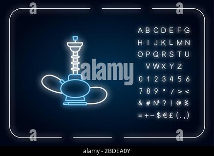 Symbol für die Neonbeleuchtung von Hookah. Sheesha-Haus. Kugelboden aus Glas. Beliebte Narkillounge. Raucherbereich. Äußere leuchtende Wirkung. Zeichen mit Alphabet, Zahlen und Stock Vektor