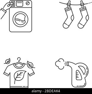 Wäscherei- und Reinigungsservice Pixel perfekte lineare Symbole gesetzt. Handwäsche, Trocknen im Freien, Stoffbügeln. Anpassbare Kontursymbole mit dünnen Linien. Isoliert Stock Vektor