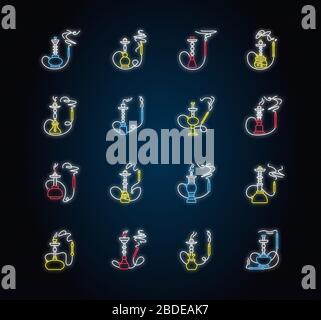 Hookah mit geruchsbeleuchten Leuchtsymbolen. Räucherstoff aus der Wasserleitung. Tabak, Marihuana. Sheesha-Bar. Rauchbereich. Arabische Bar. Schilder mit Außenleuchten Stock Vektor