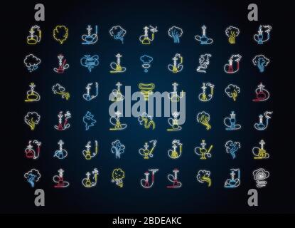 Hookah Neon Light Icons Set. Sheesha-Haus. Narkile Lounge. Geruch aus Rohr. Duft des Verdampfens. Raucherbereich. Duftzeichen. Schilder mit Außenmaterial Stock Vektor