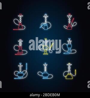Hookah Neon Light Icons Set. Benutzerdefiniertes Objekt. Sheesha-Haus. Narkile Lounge. Geruch aus Rohr. Duft des Verdampfens. Raucherbereich. Schilder mit Außenleuchten Stock Vektor