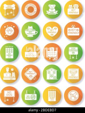 Hundefreundliche und keine Tierschilder flaches Design lange Schatten Glyphe Symbole gesetzt. Katzen und Hunde erlaubten und verbotene Bereiche. Tiere sind willkommen und dürfen keine Zonen betreten Stock Vektor