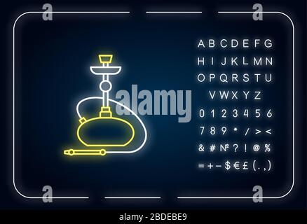 Symbol für die Neonbeleuchtung von Hookah. Sheesha-Haus. Nikotin und Cannabis. Narkile Lounge. Geruch aus Rohr. Äußere leuchtende Wirkung. Zeichen mit Alphabet, Zahlen und Stock Vektor