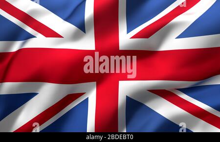 Flagge Großbritanniens, Großbritannien weht im Wind. Vollständige britische Flagge. Flagge des Union Jack. 3D-Abbildung. Stockfoto