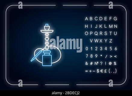 Symbol für die Neonbeleuchtung von Hookah. Sheesha-Haus. Wasserleitung, Bong. Narkile Lounge. Raucherbereich. Äußere leuchtende Wirkung. Zeichen mit Alphabet, Zahlen und Symbolen Stock Vektor