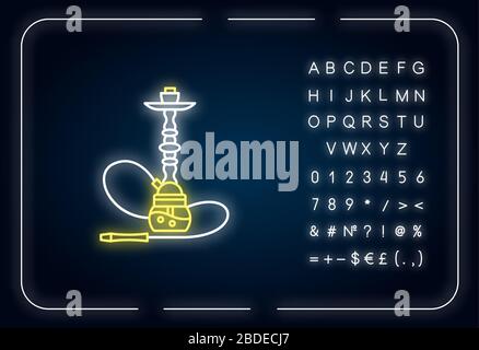 Symbol für die Neonbeleuchtung von Hookah. Sheesha-Haus. Objekt zum Einatmen von Nikotin. Narkile Lounge. Geruch aus Rohr. Äußere leuchtende Wirkung. Zeichen mit Alphabet, Zahlen Stock Vektor