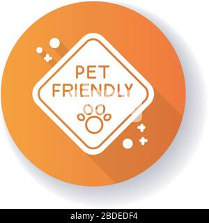Haustierfreundliches Zonen-Verkehrszeichen, orangefarbenes Flachdesign, Symbol für lange Schatten-Glyphe. Haustiere Wanderplatz, Katzen und Hunde willkommen Gebiet. Haustiere Stock Vektor