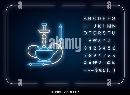 Symbol für die Neonbeleuchtung von Hookah. Sheesha-Haus. Narkile Lounge. Geruch aus Rohr. Raucherbereich. Runder Sockel. Äußere leuchtende Wirkung. Zeichen mit Alphabet, Zahlen und Stock Vektor