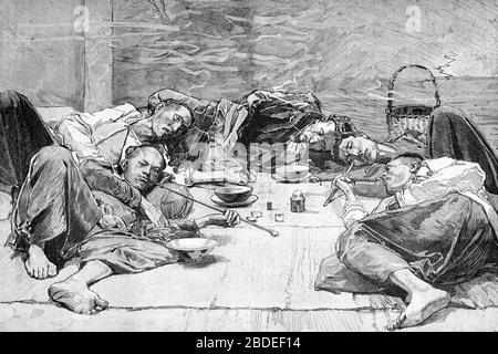 Opiumraucher in Indochina oder Vietnam. Vintage oder Old Illustration oder Gravur im Jahr 1887 Stockfoto