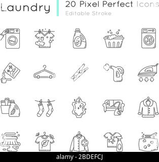 Wäschearten und Ausrüstung Pixel perfekte lineare Symbole gesetzt. Waschsalon, nasse und chemische Reinigung. Anpassbare Kontursymbole mit dünnen Linien. Isolierter Vektor Stock Vektor
