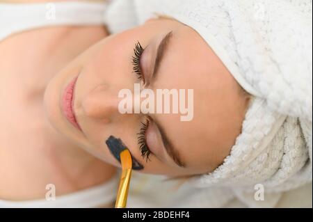 Gesichtsmaske wird auf das Gesicht der Frau im Spa angewendet Stockfoto