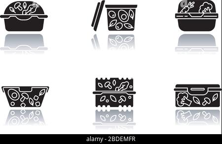 Kunststoff-Salatbehälter lassen schwarze Glyphensymbole fallen. Wiederverwendbare Lebensmittelverpackungen. Lunchboxen. Gepackte Abendessen. Nehmen Sie die Aufbewahrung der Mahlzeiten heraus. Isolierter Vektor Stock Vektor