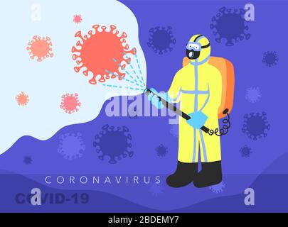 Ein Mann in Overalls desinfiziert den Kampf gegen den Kovid-19, Coronavirus 2019-nCoV Pandemieschutz Stock Vektor