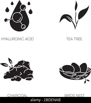 Schwarze Glyph-Symbole für kosmetische Inhaltsstoffe auf dem weißen Raum. Hyaluronsäure. Teebaum. Holzkohle. Vögel nisten. Hautpflege. Koreanische Schönheit Stock Vektor