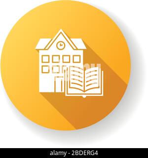 Symbol für lange Schattenglyphe in gelbem Flachdesign in der öffentlichen Bibliothek. Bildungseinrichtung. Hochschulbildung. Buchspeicherung. Campus-Gebäude. Lesesaal Stock Vektor