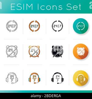 Service-Symbole rund um die Uhr festgelegt. Rund um die Uhr für den Kundensupport. Wecker für vierundzwanzig sieben Verfügbarkeiten. Linear, schwarz und RGB Stock Vektor