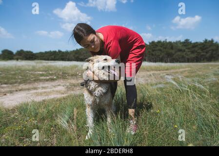 Junge Frau Wanderhund aus Tierheim Stockfoto