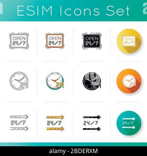 Service-Symbole rund um die Uhr festgelegt. Siebenundzwanzig Laden. Hängendes Einzelhandelsschild. Kreisuhr-Wählschild. Gerade Linien auf dem Schild. Linear, schwarz und RGB Stock Vektor