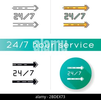 Servicesymbol rund um die Uhr. Gerade Linien auf dem Schild. Den ganzen Tag geöffnet. Die Pfeile zeigen nach links. 24 sieben verfügbare Verkaufsstellen. Linear schwarz und Stock Vektor
