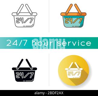 Symbol für 24 7 Stunden Store. 24-Stunden-Geschäft. Supermarkt-Korb-Schild. Kaufen Sie jeden Tag ein Produkt. Wegweiser für die Handelsindustrie. Linear schwarz Stock Vektor