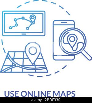 Verwenden Sie das blaue Konzeptsymbol für Online-Karten. Navigationssystem. GPS-Anwendung. Standort online suchen. Route zum Ziel planen. Roaming-Idee - Thin Line Stock Vektor