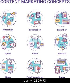 Symbole für das Content-Marketing-Konzept festgelegt. Internetwerbung, Online-Strategien für Kundenattraktionen, Idee von RGB-Farbabbildungen mit dünnen Linien. Vektor Stock Vektor