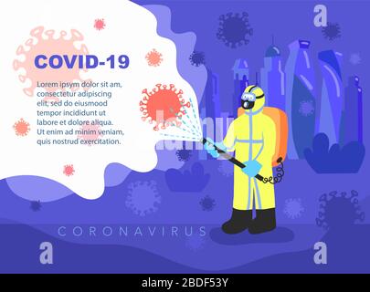 Ein Mann in Overalls desinfiziert den Kampf gegen den Kovid-19, Coronavirus 2019-nCoV Pandemieschutz Stock Vektor