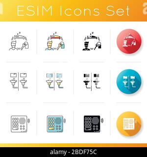 Hostel Icons Set. Gemeinschaftsbad. Wohneinheiten. Mieten von Dienstleistungen. Gemeinsam genutzter Speicherplatz. Gegensprechanlage Sprachkommunikationsgerät. Linear, schwarz und RGB Stock Vektor