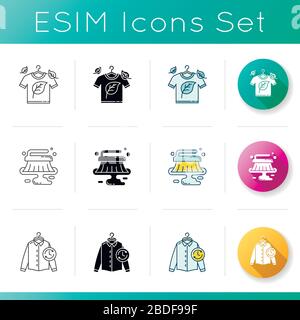 Kleidung waschen und Symbole für die Reinigung festlegen. Nassreinigung und Express-Wäschereiservice. Materialpflege, Öko-chemische Reinigung, Verwendung von Biowaschmitteln. Linear, schwarz und Stock Vektor