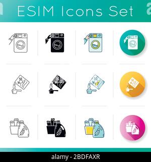 Symbole für gewerbliche Wäsche. Münzwaschanlage, Waschmaschine. Waschmittel, Waschpulver und Stoffpflegemittel. Lineare, schwarze und RGB-Farbe Stock Vektor