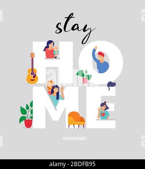 Bleiben Sie zu Hause, Konzeptdesign. Verschiedene Arten von Menschen blicken während des COVID-19-Ausbruchs auf ihre Nachbarn und kommunizieren mit ihnen. Selbstisolierung Stock Vektor