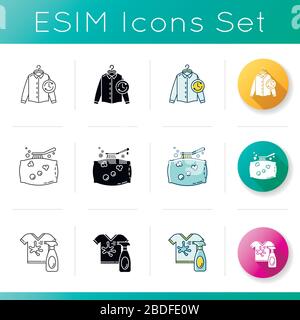 Wäscherei, Textilwäsche, verschiedene Symbole. Fleckenentfernung, Express-Wäsche und Reinigung der Kissen. Bekleidungsdienste. Lineare, schwarze und RGB-Farbe Stock Vektor