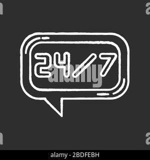 24 Stunden Online-Chat Kreide weißes Symbol auf schwarzem Hintergrund. 24-Stunden-Call Center. Helpline für jeden Tag. Psychologische Unterstützung 24 7 Stunden Stock Vektor