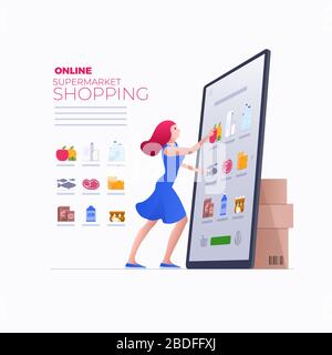 Online-Shopping auf Smartphone, Tablet oder Laptop. Vektorgrafik E-Commerce-Konzept. Bleiben Sie zu Hause und kaufen Sie online ein. Stockfoto