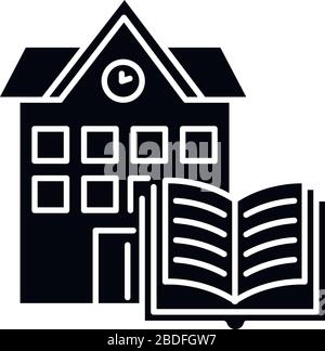 Schwarzes Glyph-Symbol der öffentlichen Bibliothek. Bildungseinrichtung. Universität, Hochschulbildung. Buchspeicherung. Campus-Gebäude. Lesesaal. Silhouette Stock Vektor