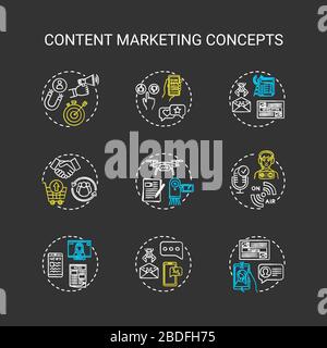 Content Marketing Kreide RGB Farbkonzept Symbole gesetzt. Internet-Werbung, Online-Kundenattraktion Strategien Idee. Vektor-isoliertes Schwarzen Brett Stock Vektor