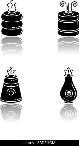 Luftbefeuchter, Öldiffusoren setzen schwarze Glyph-Symbole ab. Minimalistische Luftreiniger, Klimareglergeräte, Feuchtigkeitsregler für Räume Stock Vektor