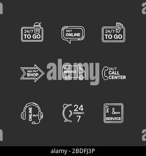 24-Stunden-Service Kreide weiße Symbole auf schwarzem Hintergrund. 24-Stunden-Online-Kundensupport. Täglich verfügbare Lieferung. Rund um die Uhr geöffnet Stock Vektor