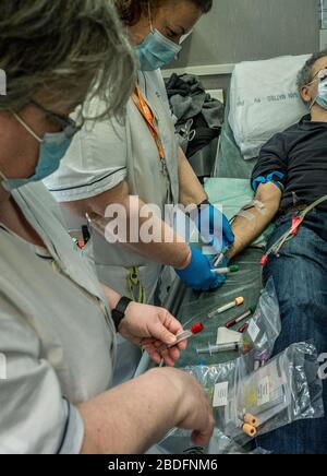 Pavia, Italien. April 2020. Pavia. Transfusion des Plasmas eines Patienten, der von COVID19 an einen Patienten mit einer experimentellen Behandlung mit Coronavirus unter der Leitung von Doktor Cesare Perotti im Krankenhaus Policlinico San Matteo in Pavia (Carlo Cozzoli/Fotogramma, Pavia - 2020-04-08) p.s. la Foto e' utilizzabile nel rispetto del contesto in cui' statata, statata, E senza intento diffamatorio del decoro delle perso rappresentate Credit: Independent Photo Agency Srl/Alamy Live News Stockfoto