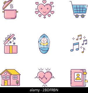 Farbsymbole in den Farben Lifestyle Pink und Blau RGB. Kochrezept. Liebevolles Herz. Online-Kauf. Offenes Geschenk. Baby Junge. Musiksound. Kontaktbuch für Social Media Stock Vektor