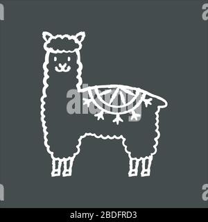 Alpaca Kreide weißes Symbol auf schwarzem Hintergrund. Peruanische domestizierte Lama. südamerikanisches wunderbares Kamelid. Eingehauchtes Wiederkäuertier aus Anden. Kamel Stock Vektor