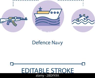 Symbol für das Konzept der Verteidigungsmarine. Militärdienstschiff. Landschutz-Wasserkräfte. Waffe auf Boot Idee dünne Linie Illustration. Vektor-isolierter Umriss Stock Vektor