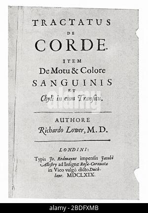 Titelseite von Lower's Buch über das Herz, 1669, Tractatus de Corde. Richard Lower, 1631 - 1691. Englischer Arzt. Aus ausgewählten Lesungen in der Geschichte der Physiologie, veröffentlicht 1930. Stockfoto