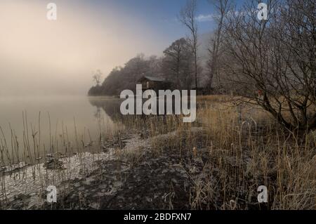 Bootshaus am Ullswater an einem nebligen Wintermorgen, in der Nähe der Pooley Bridge, Cumbria, Großbritannien. Stockfoto