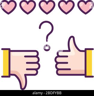 Symbol für RGB-Farbrate überprüfen. Daumen nach oben und unten. Handzeichen von "gefällt mir" und "gefällt mir nicht". Zufriedenheitsgrad. Feedback zu Meldungen in sozialen Medien. Positiv und Stock Vektor