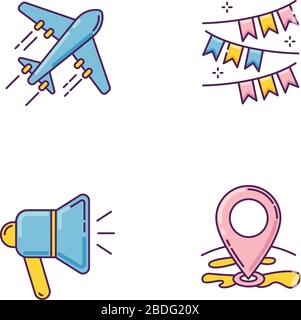 RGB-Farbsymbole für Urlaubsreisen festgelegt. Planungsereignis. Reisen Sie mit dem Flugzeug. Feiern Sie die Veranstaltung. Festliche Dekoration. Lautsprecherabzeichen. GPS-Punkt Stock Vektor
