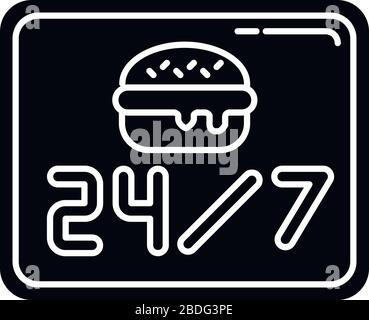 24 7 offenes Burger Joint schwarzes Glyph-Symbol. Vierundzwanzig sieben Kantine. Tägliches Restaurant. Rund um die Uhr. Silhouettensymbol auf weiß Stock Vektor