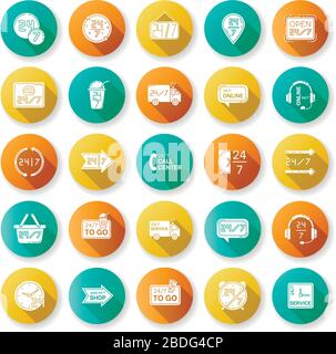 24 Stunden Service Flat-Design Long Shadow Glyph Icons Set. 24-Stunden-Geschäft. 24 Stunden geöffnet. Die ganze Woche verfügbar Stock Vektor