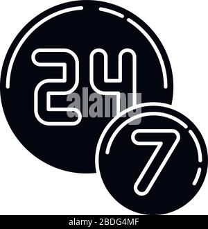 24 7 Kreis Abzeichen schwarz Glyphe Symbol. Vierundzwanzig sieben Stunden Rundschild. Immer verfügbarer Service. Emblem für Handel und Einzelhandel. Silhouette Stock Vektor